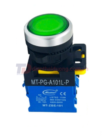 Nút nhấn ON có đèn MASTER màu xanh lá Ø22 loại tự nhả viền mạ bạc ( MT-PG-A101L-P )
