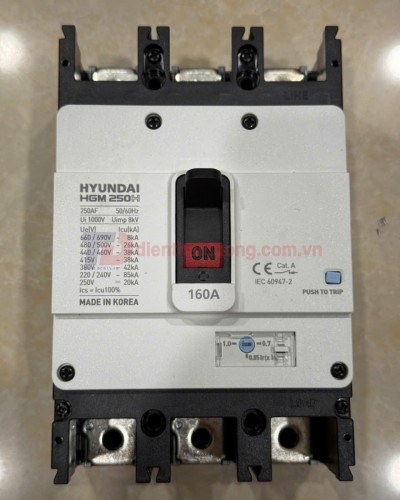 MCCB HYUNDAI 3P 160A 38kA chỉnh dòng nhiệt 0.7~1.0*In ( HGM250H-FVP )
