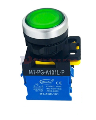 Nút nhấn ON có đèn MASTER màu xanh lá Ø22 loại tự nhả viền mạ bạc ( MT-PG-A101L-P )