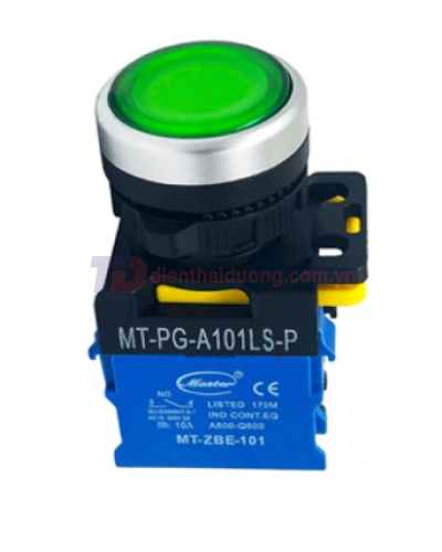 Nút nhấn ON có đèn MASTER màu xanh lá Ø22 loại tự giữ viền mạ bạc ( MT-PG-A101LS-P )