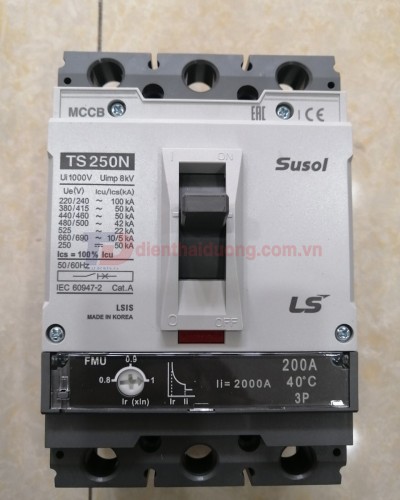 MCCB LS 3P 200A 50kA chỉnh dòng 0.8-0.9-1.0 x In ( TS250N FMU250 )